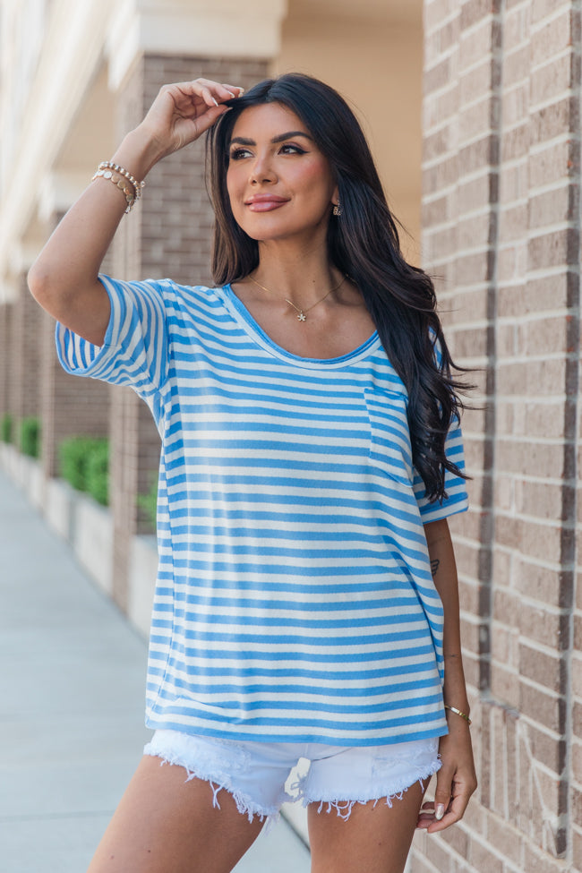 Vital Moment Blue and Ivory Striped Scoop Neck T-Shirt FINAL SALE Fast Delivery For Sale