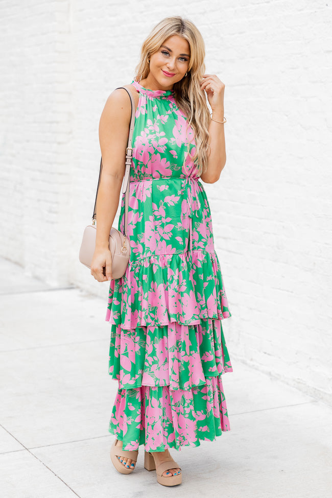 An Inspiration Green and Pink Printed Satin Halter Maxi Dress FINAL SALE Sale Pick A Best