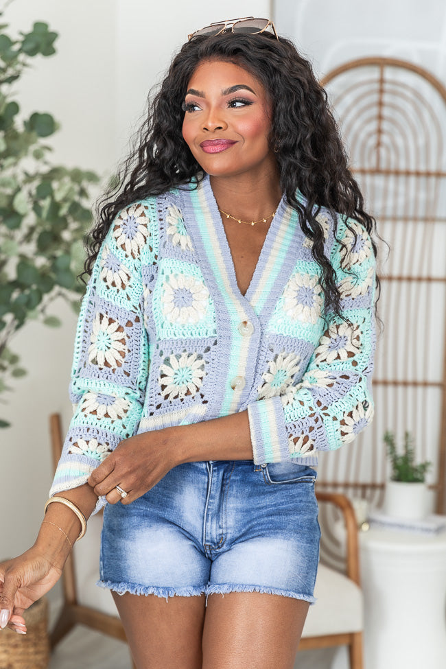 All The Time Blue and Purple Crochet Cardigan Discount Outlet Store