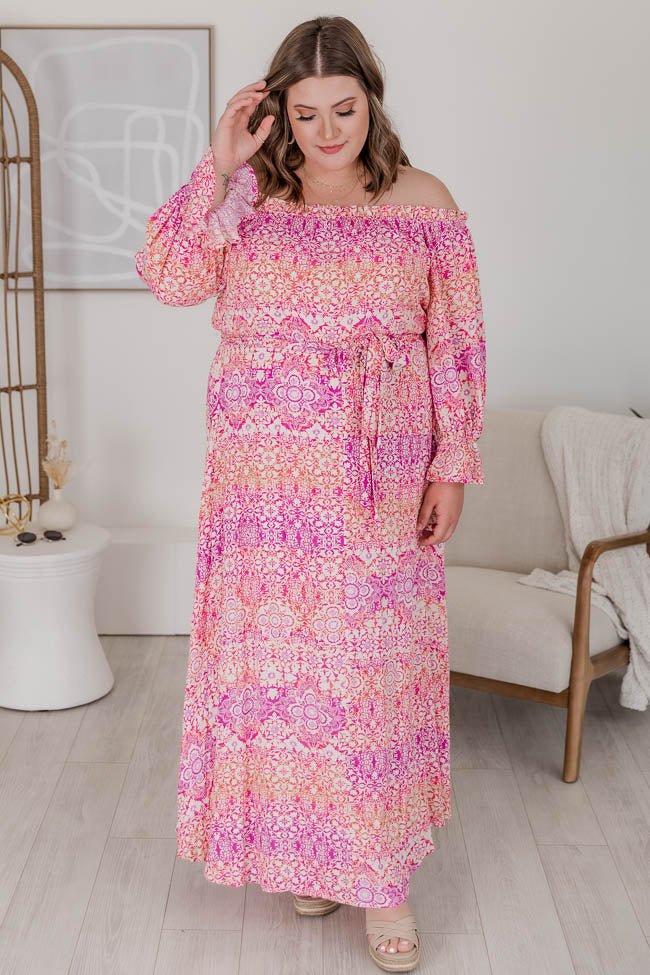 Dynamic Love Pink Printed Off The Shoulder Maxi Dress FINAL SALE Clearance For Cheap