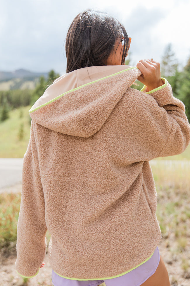 My Go To Taupe and Lime Sherpa Quarter Zip Hooded Pullover SALE For Nice For Sale