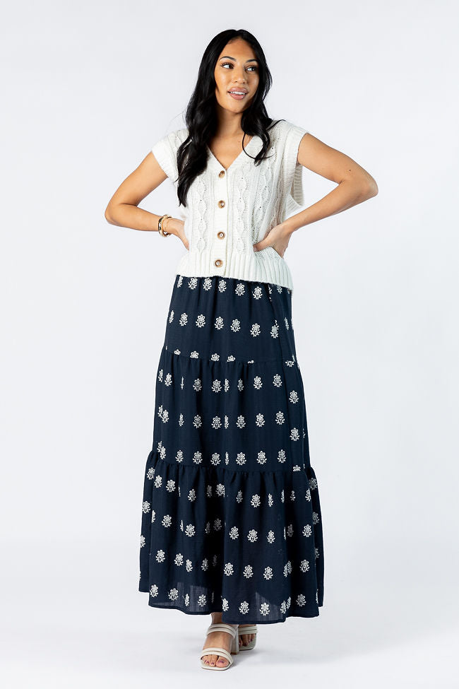 No Place Like This Navy Embroidered Maxi Skirt Clearance Purchase