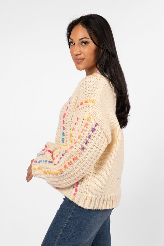 Day We Met Cream Multi Color Stitched Detail V-Neck Sweater SALE Clearance Pick A Best